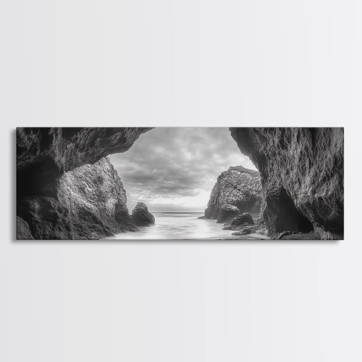 Sea Cave View, Coastal Rock Art, Monochrome Seascape, Framed Canvas Print, Bathroom Wall Art, Nature Photography, Moody Ocean Decor