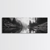 Alpine Lake Scene, Black and White Forest, Serene Mountain Print, Framed Canvas Print, Rustic Wall Art, Cabin Living Room Decor