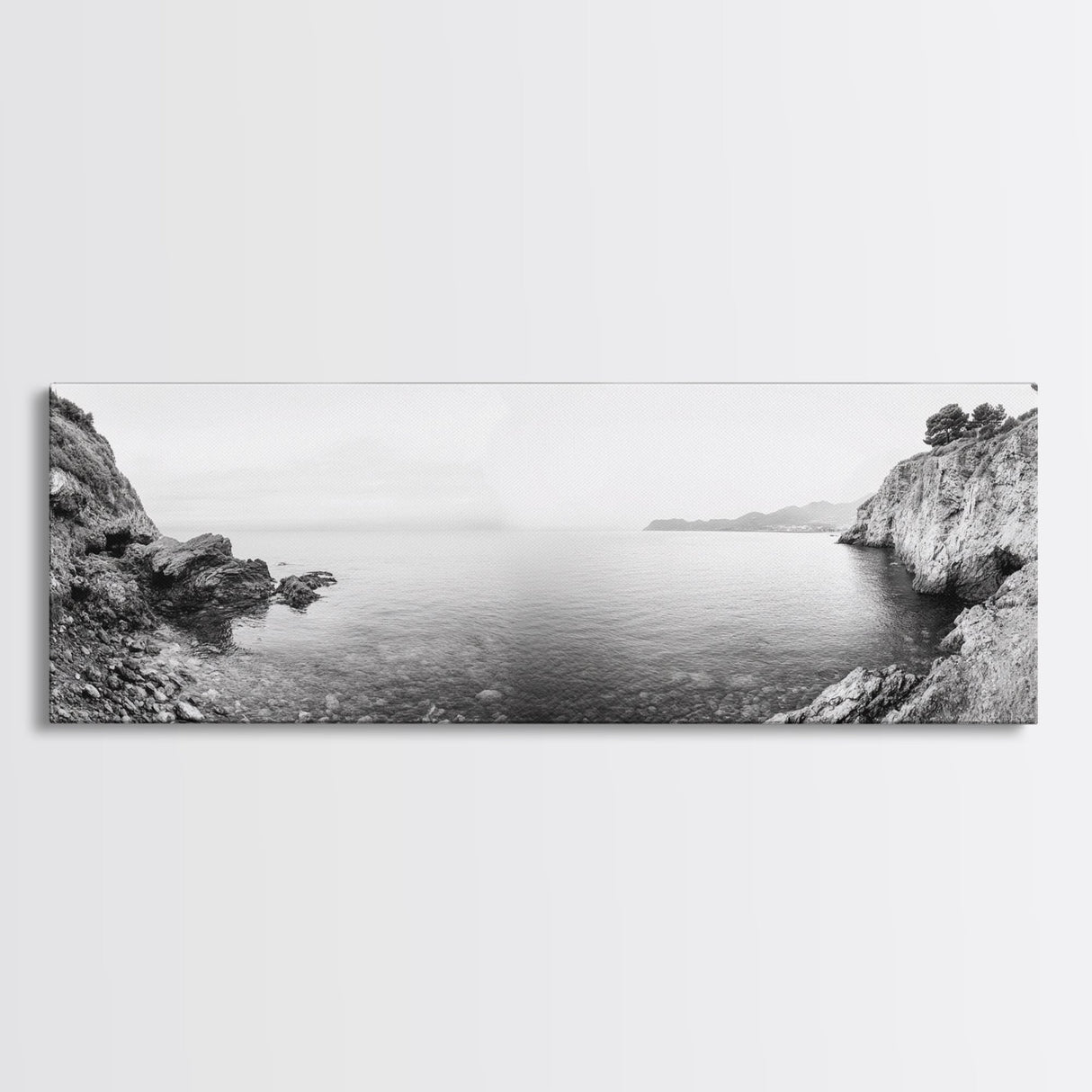 Rocky Coastline, Minimalist Seascape, Black and White Shoreline, Framed Canvas Print, Coastal Wall Art, Bathroom or Hallway Decor