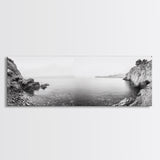 Rocky Coastline, Minimalist Seascape, Black and White Shoreline, Framed Canvas Print, Coastal Wall Art, Bathroom or Hallway Decor