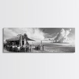 Seaside Bar, Beach Café, Oceanfront Dining, Cloudy Sky, Framed Canvas Print, Kitchen Wall Art, Black and White Tropical Art, Travel Decor