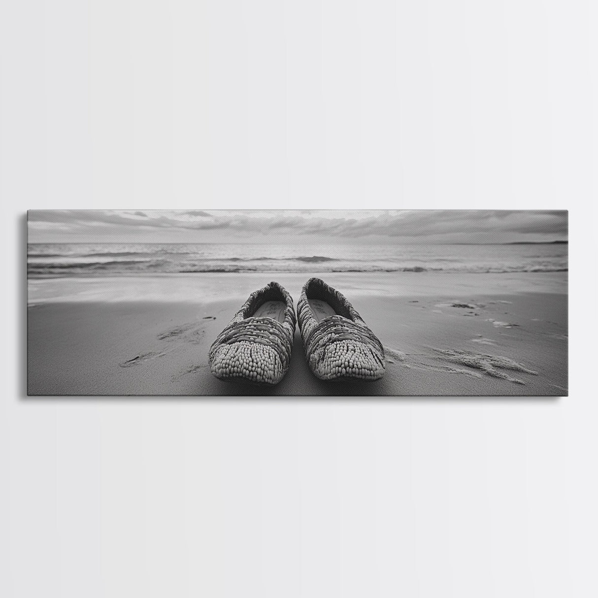 Woven Shoes, Coastal Walk, Ocean Breeze, Boho Style, Framed Canvas Print, Entryway Wall Art, Minimalist Beach Art, Seashore Photography