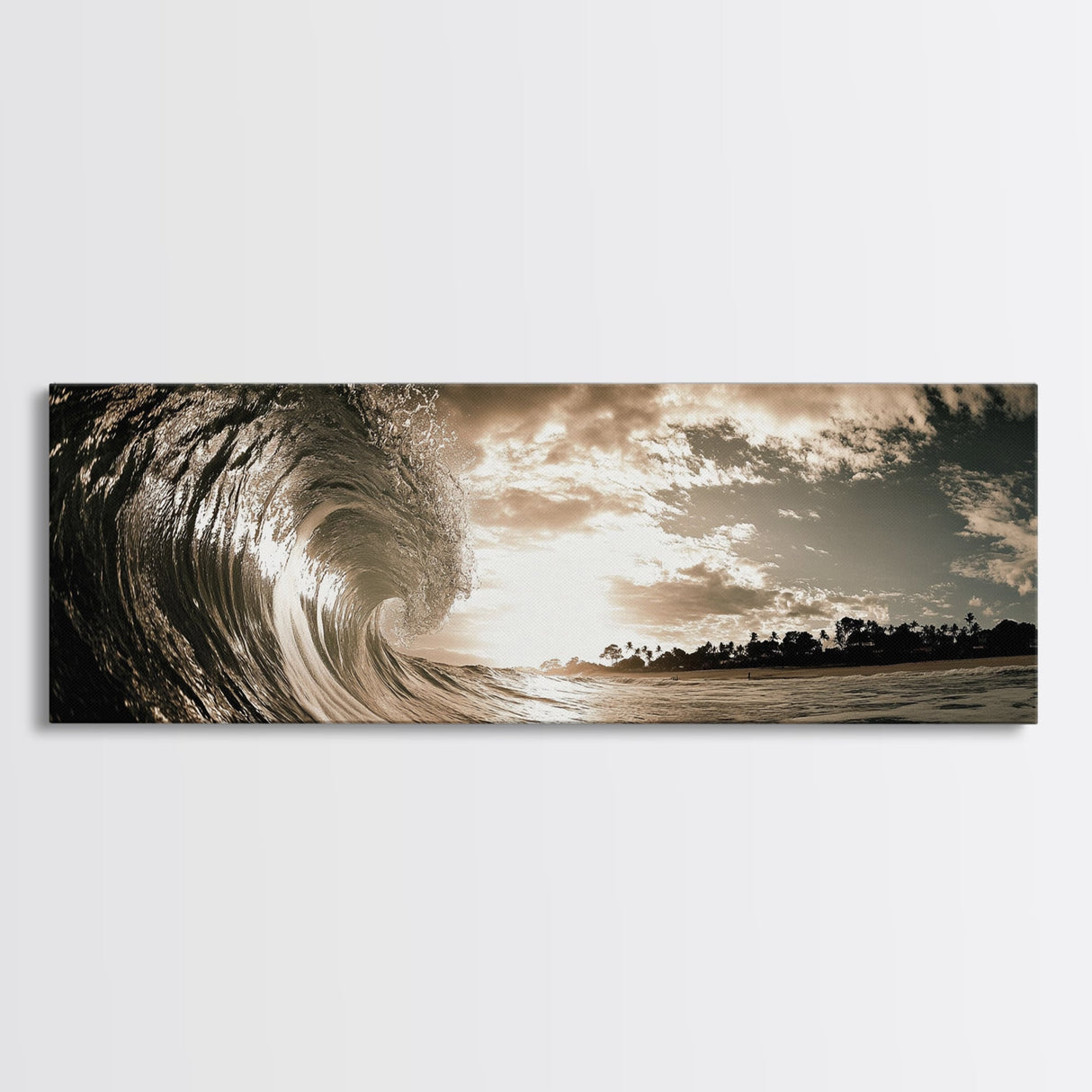 Ocean Wave Curl, Coastal Sunset, Seaside Wall Art, Framed Canvas Print, Surfer Vibes, Modern Beach Decor, Living Room Statement Piece