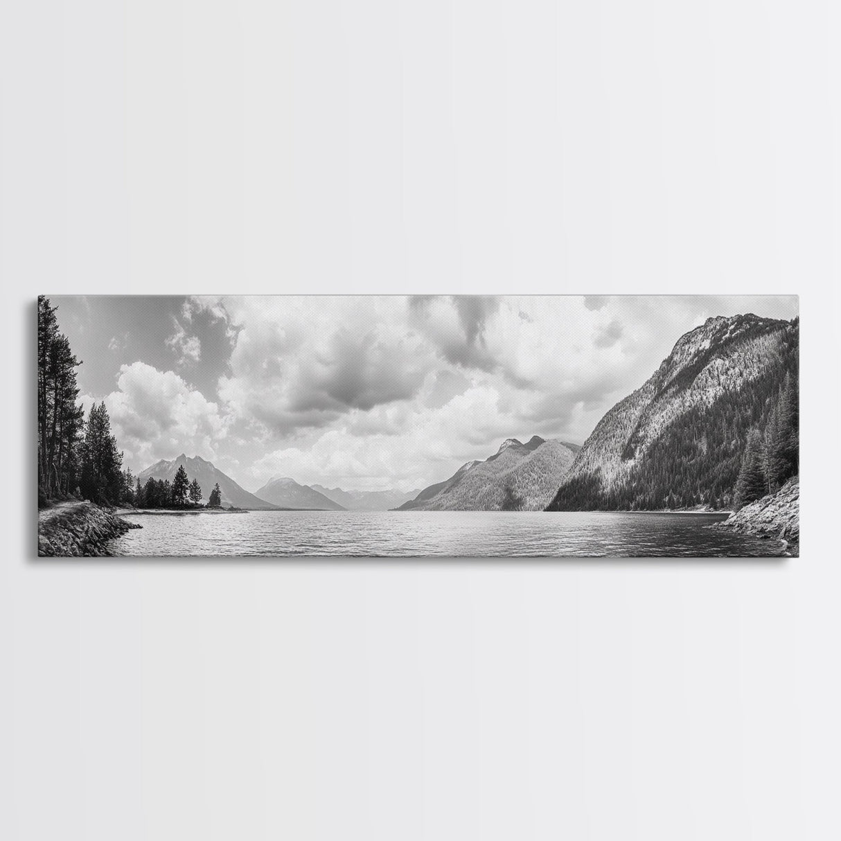 Mountain Lake, Forest Panorama, Serene Wilderness, Framed Canvas Print, Nature Lover Wall Art, Rustic Lodge Decor, Neutral Palette