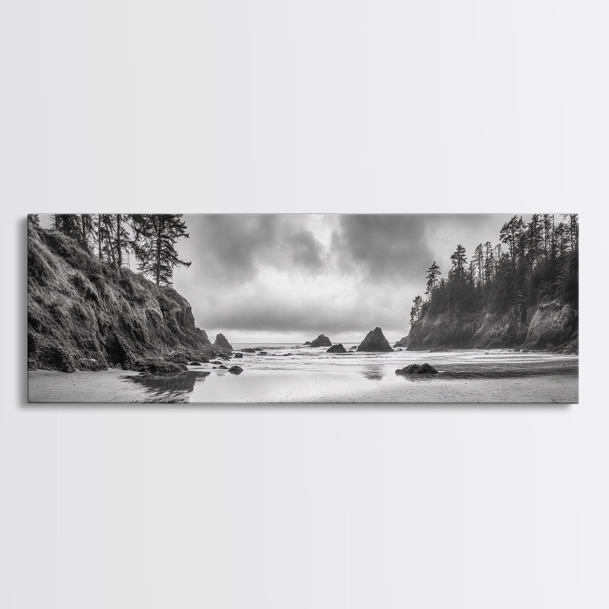 Misty Coastline, Dramatic Shore, Moody Ocean Scene, Framed Canvas Print, Coastal Living Room Art, Black and White Nature Decor
