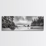 Misty Coastline, Dramatic Shore, Moody Ocean Scene, Framed Canvas Print, Coastal Living Room Art, Black and White Nature Decor