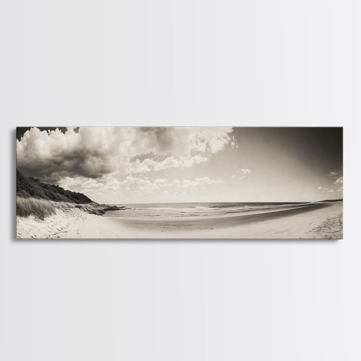 Cloudy Beach, Sandy Shoreline, Coastal Serenity, Framed Canvas Print, Neutral Tones Wall Art, Minimalist Bathroom or Hallway Decor