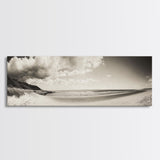 Cloudy Beach, Sandy Shoreline, Coastal Serenity, Framed Canvas Print, Neutral Tones Wall Art, Minimalist Bathroom or Hallway Decor