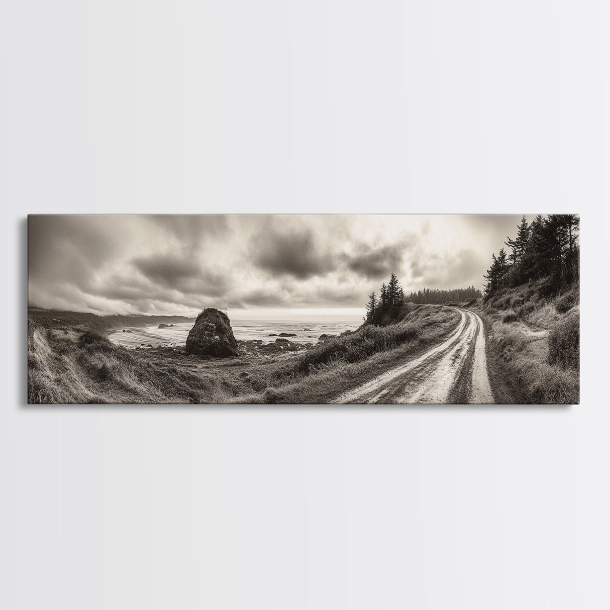 Coastal Road Journey, Overcast Ocean View, Scenic Drive Art, Framed Canvas Print, Fall Landscape Wall Art, Nature Lover, Living Room Decor
