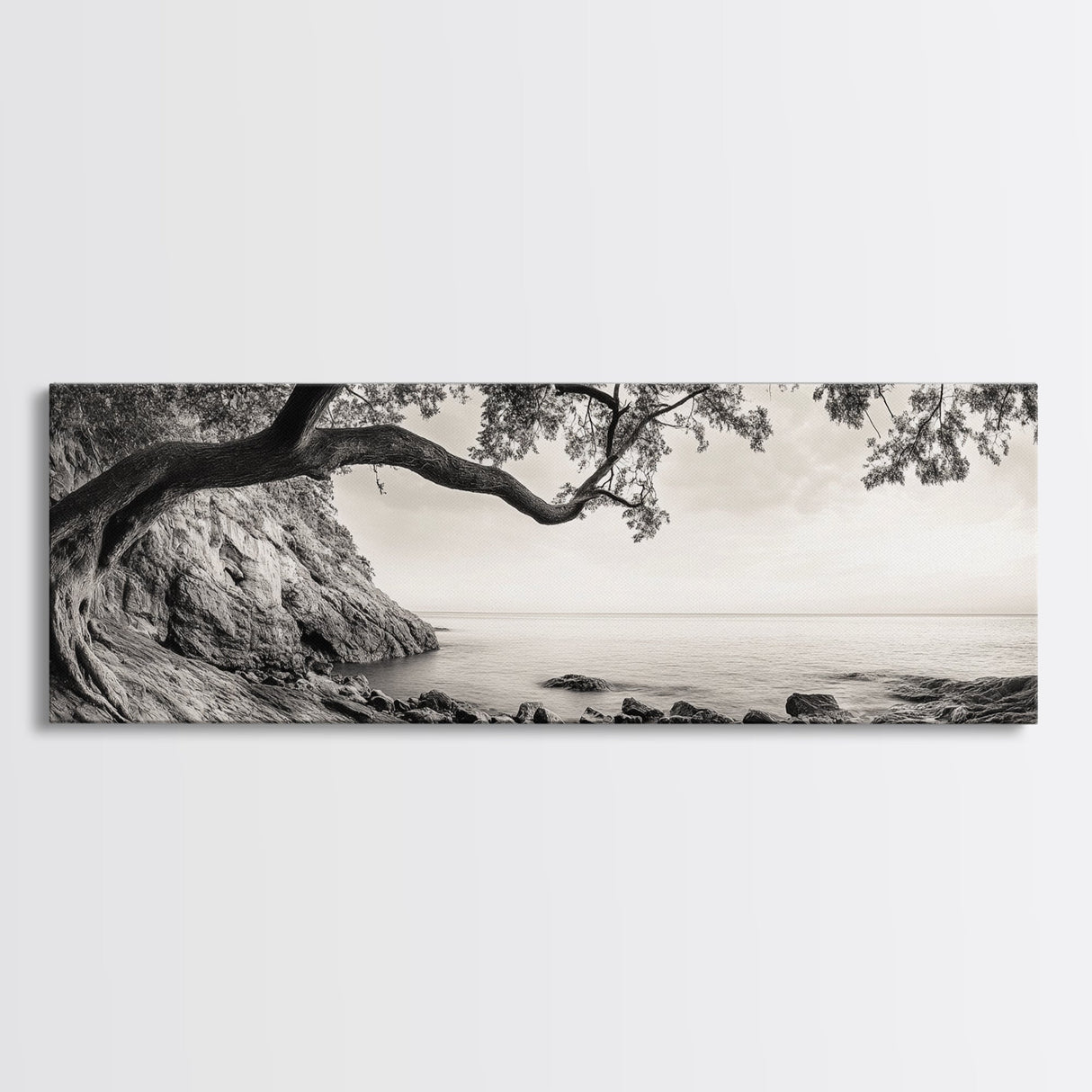 Tree By The Sea, Ocean Cliff, Black And White Nature, Framed Canvas Print, Coastal Wall Decor, Minimalist Art, Tranquil Bedroom Print