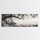 Tree By The Sea, Ocean Cliff, Black And White Nature, Framed Canvas Print, Coastal Wall Decor, Minimalist Art, Tranquil Bedroom Print