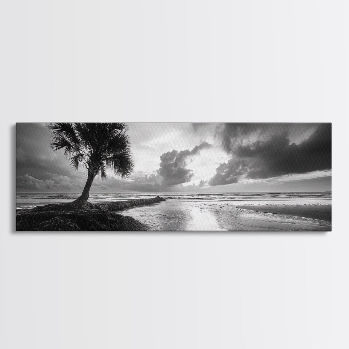 Solitary Palm Tree, Ocean Storm, Moody Landscape, Beach Wall Decor, Framed Canvas Print, Coastal Living Room Art, Monochrome Photography