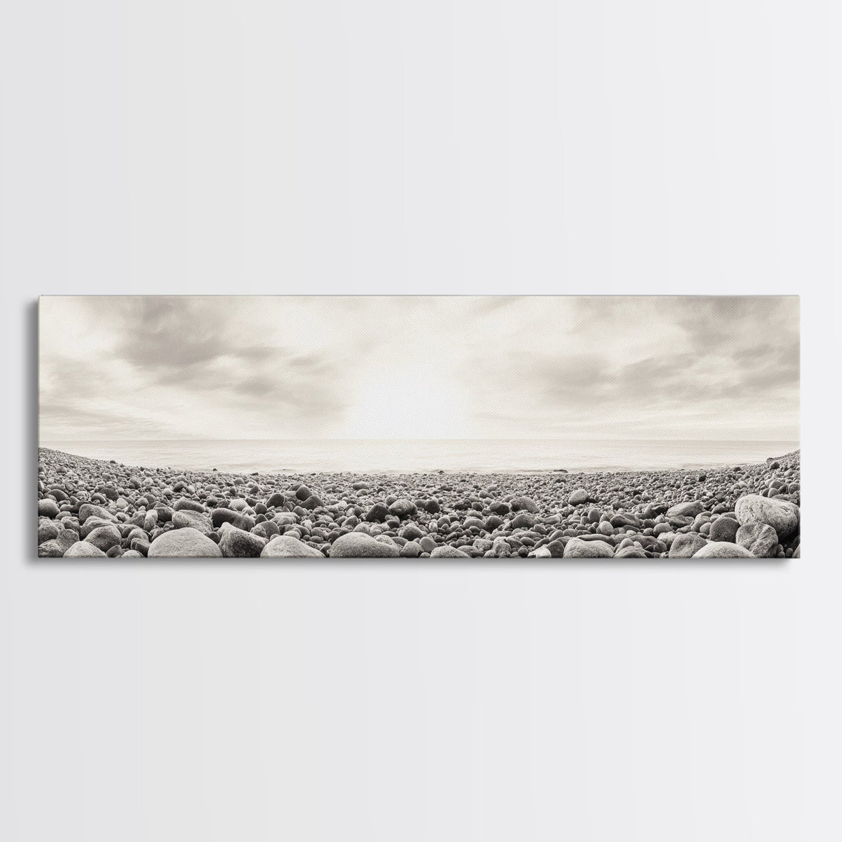 Pebble Shoreline, Soft Horizon, Beach Sunrise, Calm Coastal Decor, Framed Canvas Print, Neutral Tones, Bedroom Wall Art, Nature Minimalism