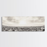 Pebble Shoreline, Soft Horizon, Beach Sunrise, Calm Coastal Decor, Framed Canvas Print, Neutral Tones, Bedroom Wall Art, Nature Minimalism