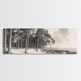 Pine Forest Coast, Tranquil Wilderness, Shoreline Trees, Earthy Coastal Scene, Framed Canvas Print, Rustic Wall Art, Autumn Cabin Decor