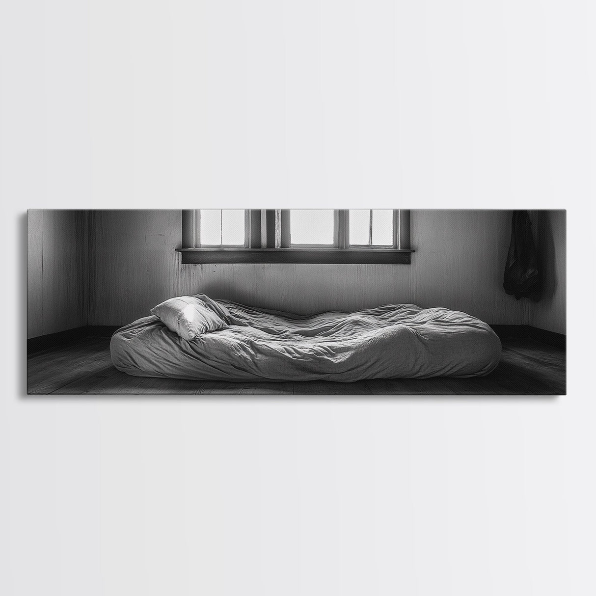 Minimalist Bedroom, Simple Living, Monochrome Bed, Peaceful Morning, Framed Canvas Print, Bedroom Wall Art, Moody Art, Farmhouse Art