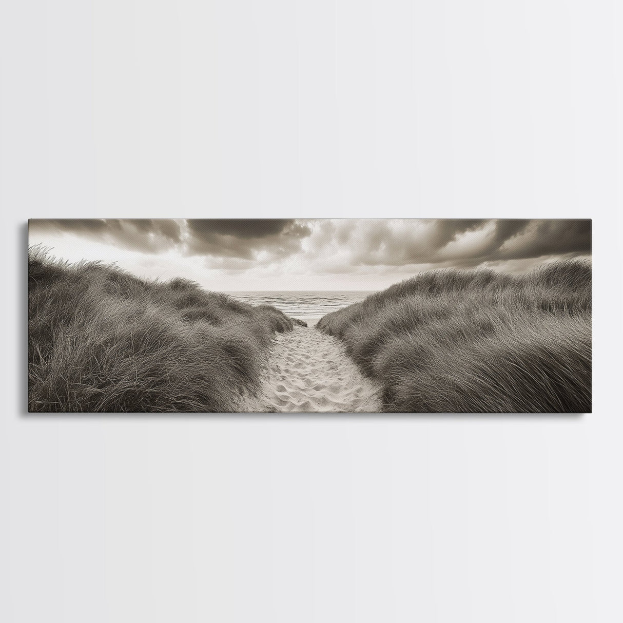 Sandy Dune Path, Grassy Trail, Seaside Journey, Beach Nature Scene, Framed Canvas Print, Minimalist Wall Art, Autumn Coastal Decor