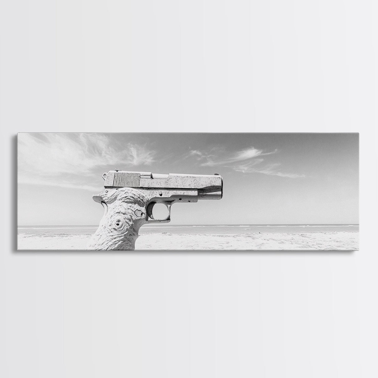 Desert Gun, Driftwood Grip, Coastal Surreal, Canvas Print, Minimalist Wall Art, Western Decor, Modern Living Room Art, Black and White Photo