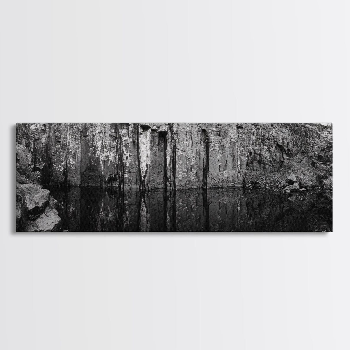 Quarry Wall, Rocky Cliff, Natural Reflection, Still Water, Framed Canvas Print, Industrial Wall Art, Man Cave Decor, Rustic Landscape Art