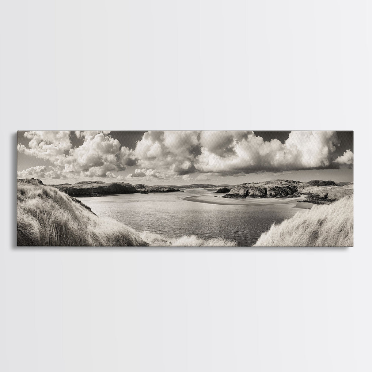 Misty Lake, Peaceful Shore, Cloud Reflections, Canvas Print, Black and White Nature Art, Coastal Landscape, Bedroom Wall Art, Minimalist Decor