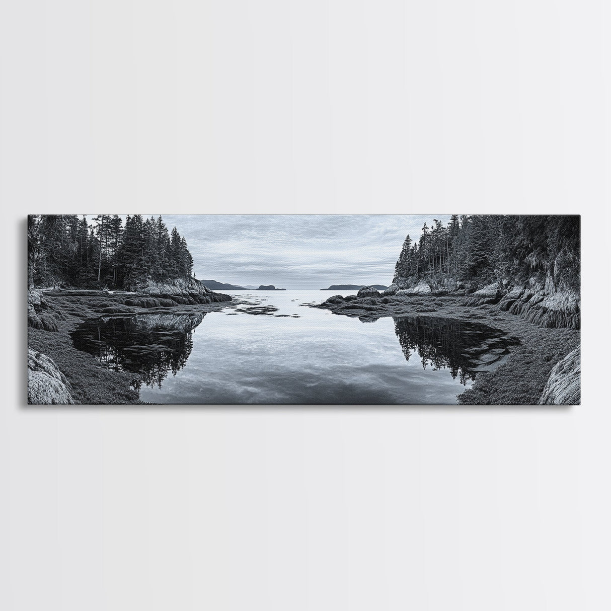 Forest Inlet, Calm Waters, Rocky Shore, Framed Canvas Print, Pacific Northwest Wall Art, Neutral Decor, Nature Photography, Rustic Vibes