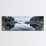 Forest Inlet, Calm Waters, Rocky Shore, Framed Canvas Print, Pacific Northwest Wall Art, Neutral Decor, Nature Photography, Rustic Vibes