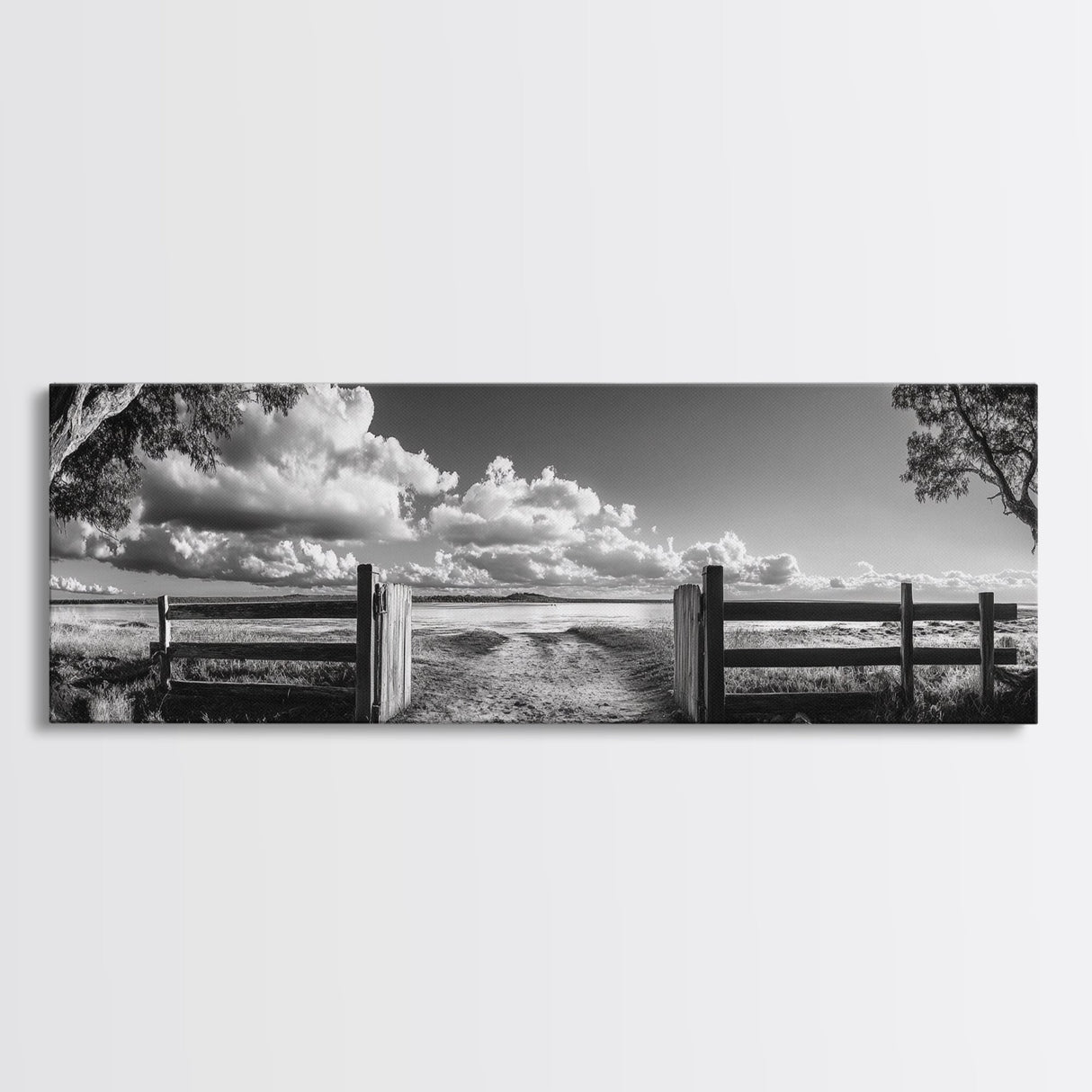 Wooden Fence, Open Field, Cloud Horizon, Framed Canvas Print, Country Landscape Photography, Entryway Wall Art, Farmhouse Autumn Decor
