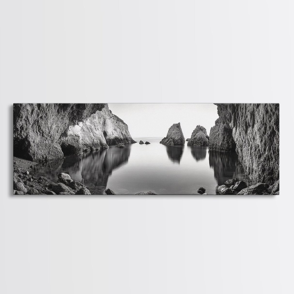 Sea Cave View, Ocean Reflections, Nature Escape, Framed Canvas Print, Beach House Wall Art, Zen Decor, Black and White Coastal Style