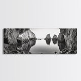 Sea Cave View, Ocean Reflections, Nature Escape, Framed Canvas Print, Beach House Wall Art, Zen Decor, Black and White Coastal Style