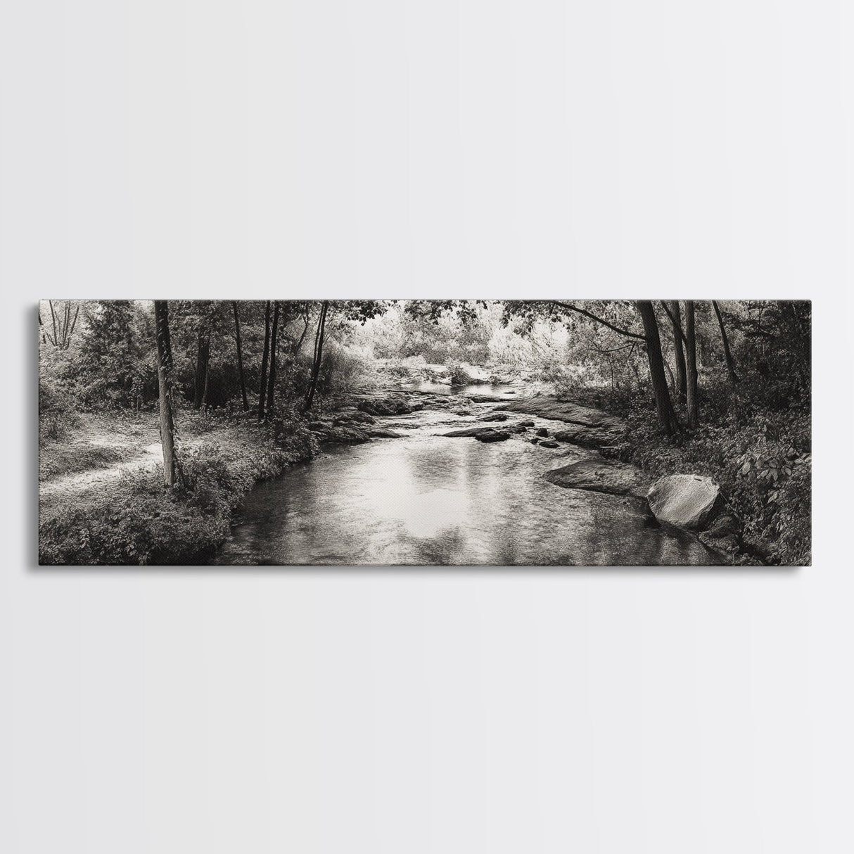 Woodland Creek Flow, Sepia Landscape Scene, Peaceful Forest Art, Canvas Print, Autumn Wall Decor, Rustic Living Room Artwork