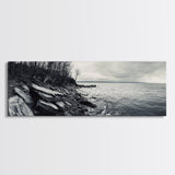 Misty Coast, Rocky Shore, Moody Seascape, Framed Canvas Print, Coastal Wall Art, Nature Photography, Rustic Bedroom Decor, Cabin Style