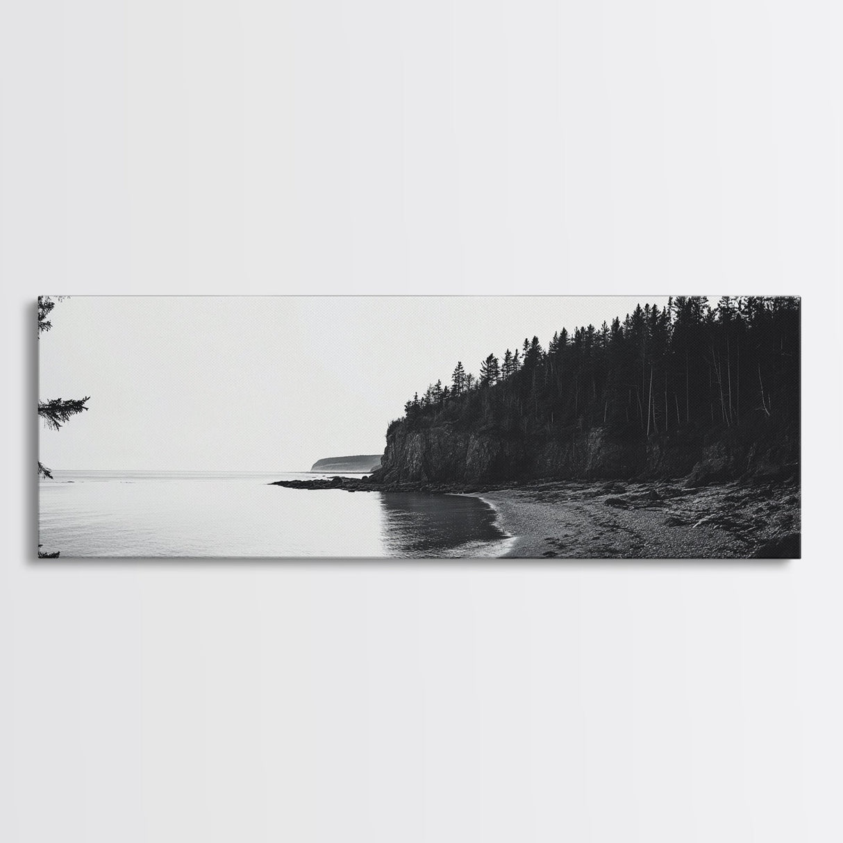 Forest Cliffs, Quiet Bay, Monochrome Coast, Canvas Print, Nature Photography, Modern Rustic Wall Art, Entryway or Office Decor