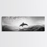 Ocean Dolphin Jump, Seascape Art, Black White Photography, Coastal Wall Decor, Canvas Print, Minimalist Bathroom Wall Art, Nautical Style