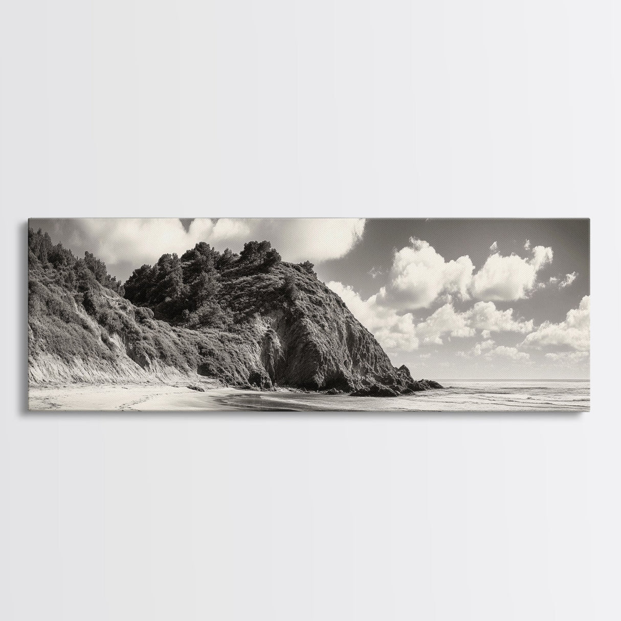 Seaside Cliff, Pine Hills, Sandy Beach, Canvas Print, Coastal Landscape Art, Modern Nature Decor, Beach House Living Room Style