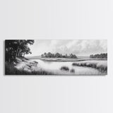 Marsh Scene, Grassy Shore, Tree Lined Path, Canvas Print, Nature Landscape Art, Rustic Cabin Decor, Peaceful Living Room Style