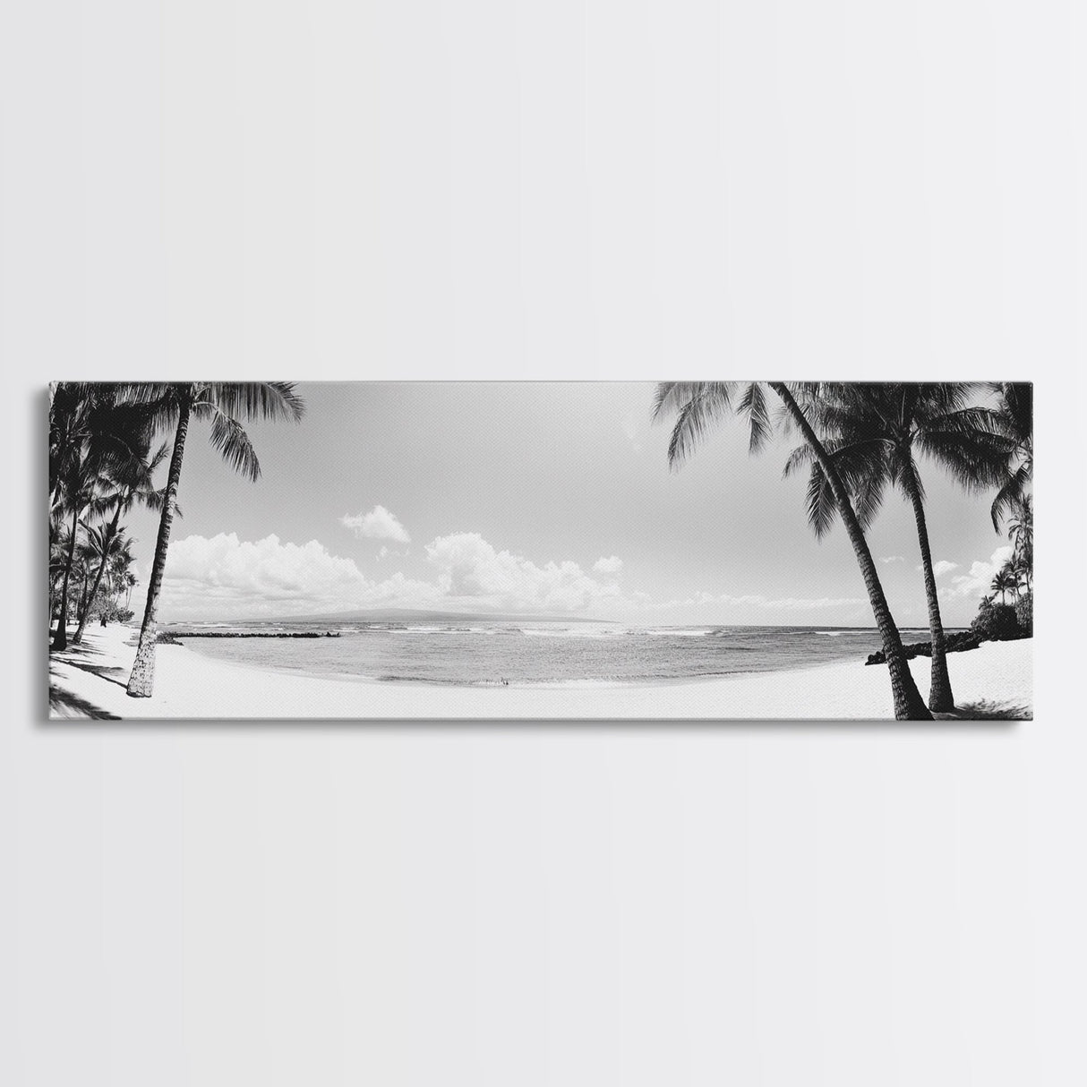 Tropical Beach Scene, Palm Tree Horizon, Ocean Serenity, Island Life, Framed Canvas Print, Coastal Wall Art, Living Room Decor, Minimalist Vibe