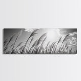 Windy Grass Field, Sunlit Sky, Nature Movement, Prairie Glow, Framed Canvas Print, Fall Wall Art, Living Room Decor, Boho Rustic Aesthetic