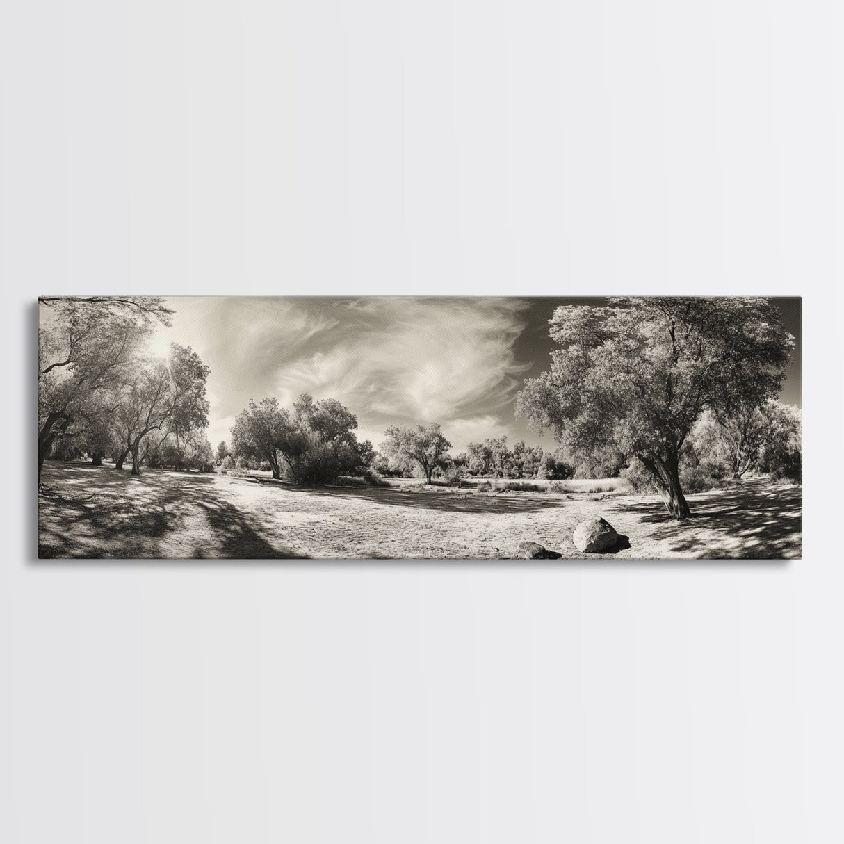 Sunlit Forest Meadow, Golden Light Trees, Canvas Print, Living Room Wall Art, Autumn Nature Decor, Rustic Neutral Wall Art