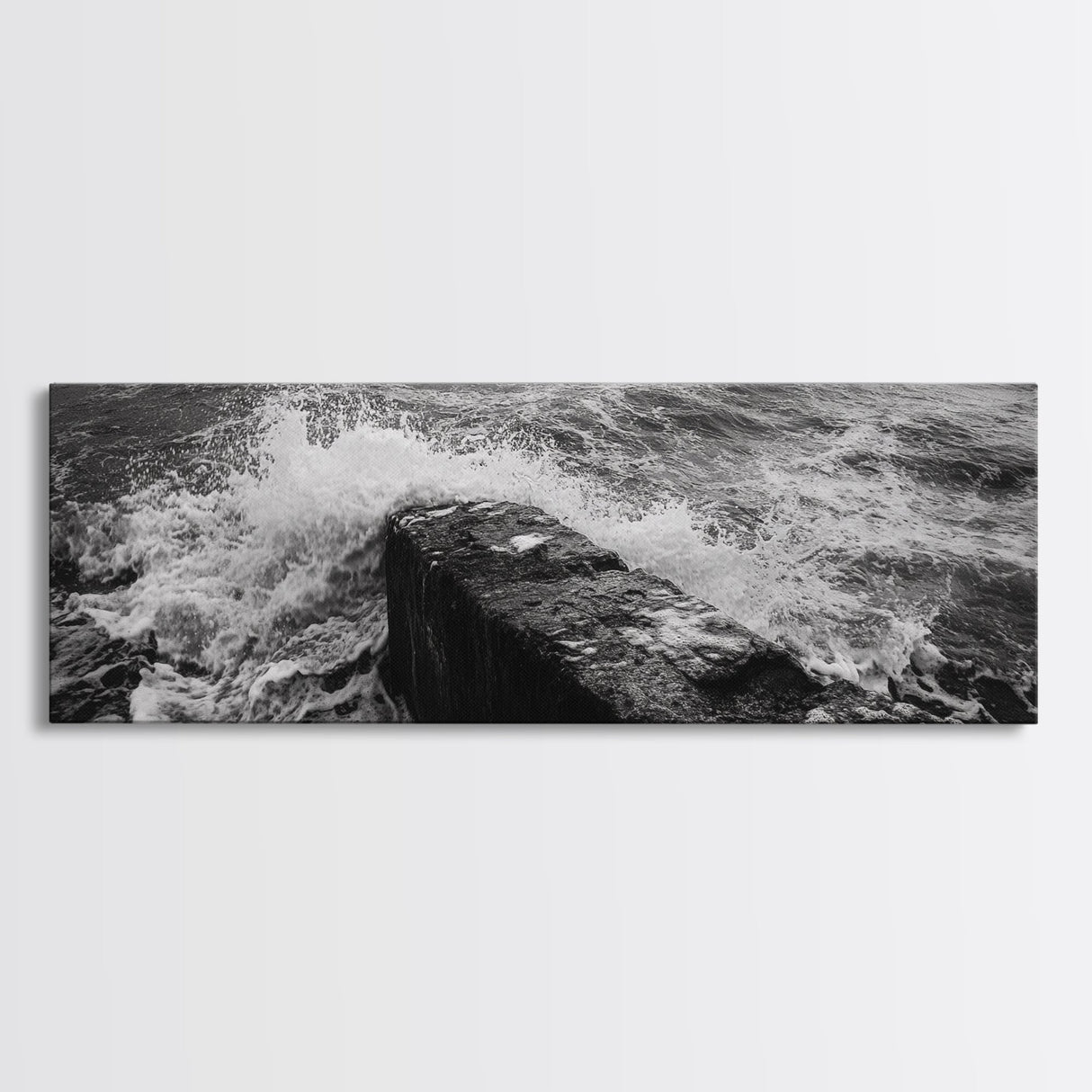 Crashing Waves Rock, Coastal Seascape, Ocean Photography, Black White Art, Framed Canvas Print, Nautical Bathroom Wall Decor