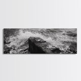 Crashing Waves Rock, Coastal Seascape, Ocean Photography, Black White Art, Framed Canvas Print, Nautical Bathroom Wall Decor