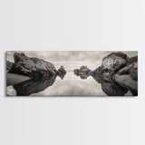 Rock Reflection, Coastal Tranquility, Nature Mirror, Framed Canvas Print, black and white coastal art, zen bathroom decor, moody ocean wall art