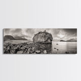 Island Shoreline, Rocky Coast View, Monochrome Nature, Framed Canvas Print, coastal kitchen decor, moody mountain beach wall art