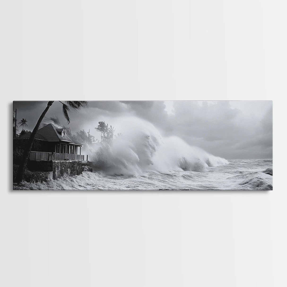 Stormy Waves, Ocean Fury, Tropical Housefront, Canvas Print, dramatic coastal decor, fall storm wall art, modern living room statement