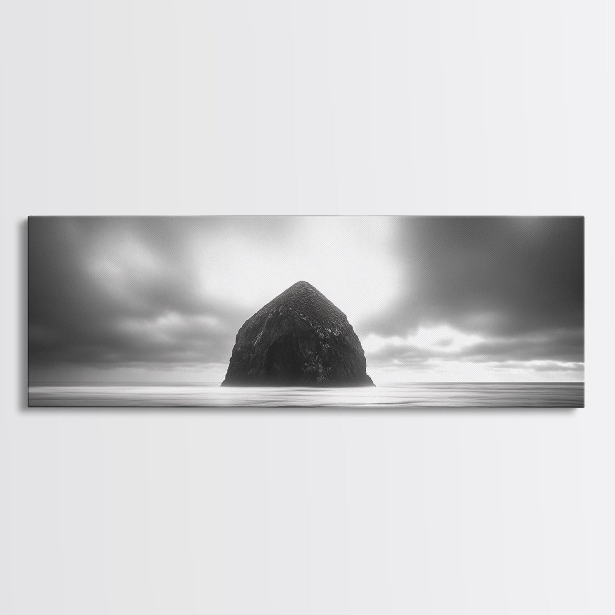 Seaside Rock Monolith, Ocean Landscape, Dramatic Sky Photography, Framed Canvas Print, Moody Wall Art, Minimalist Home Decor