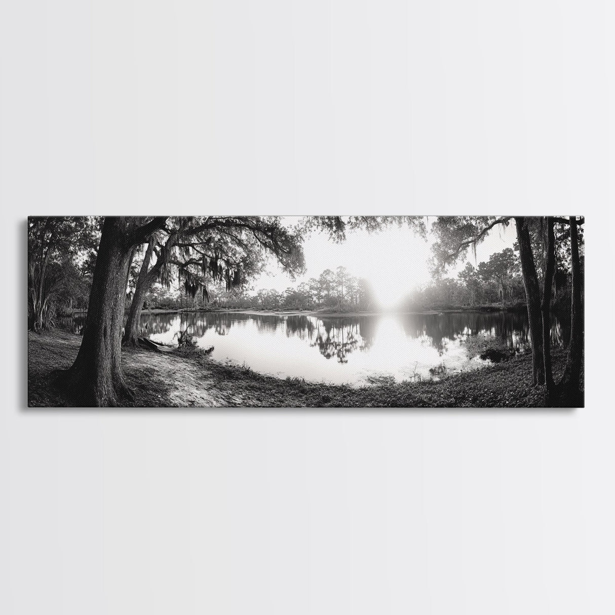 River Sunset, Mossy Trees, Tranquil Reflection, Framed Canvas Print, southern forest wall art, peaceful living room decor, rustic boho vibe