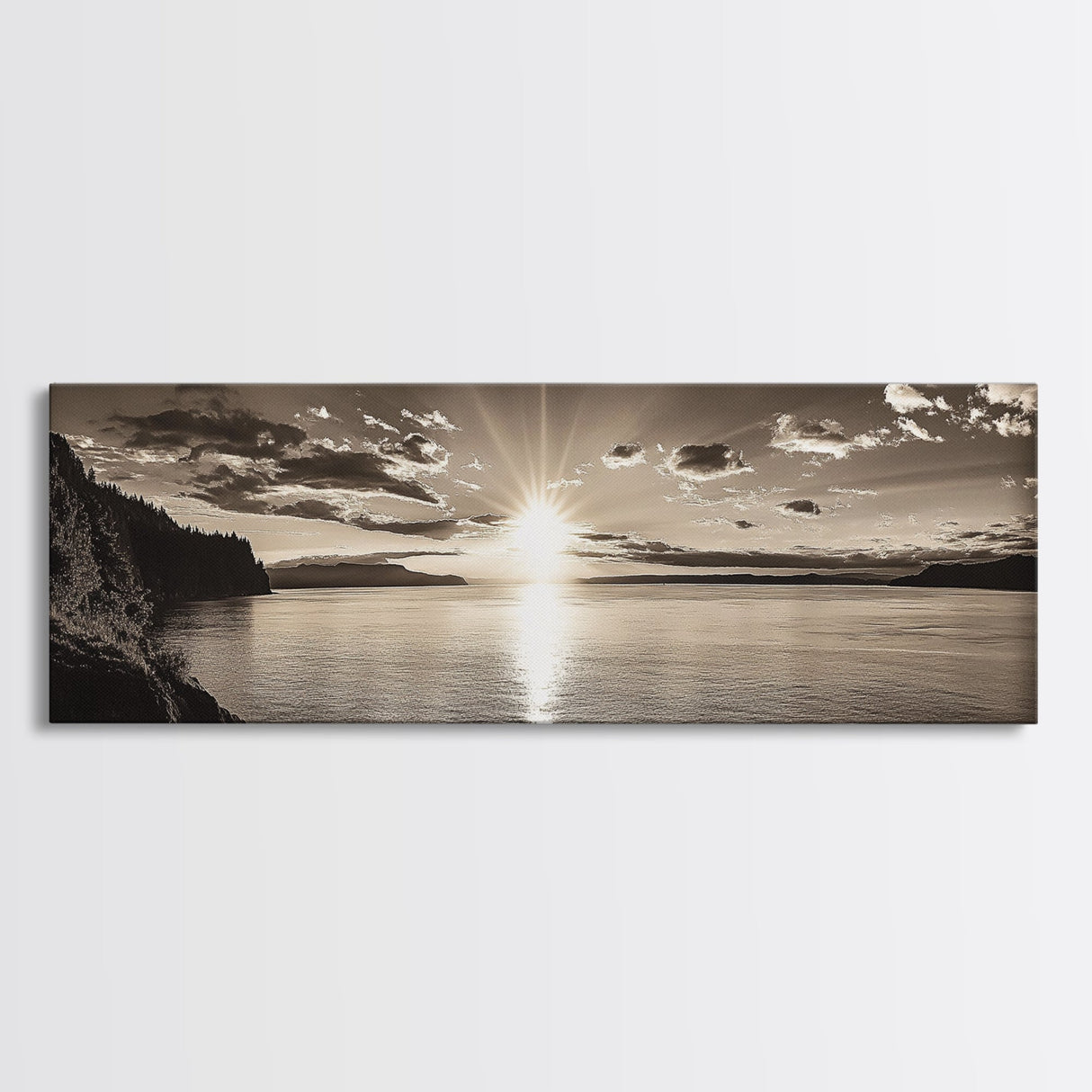Sepia Horizon, Sunset Lake, Nature Tranquility, Canvas Print, cabin wall decor, warm autumn lake art, peaceful sepia photography