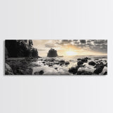 Sunset Shoreline, Moody Rocks, Forested Coast, Framed Canvas Print, nature lover gift, fall coastal art, rustic bathroom wall decor