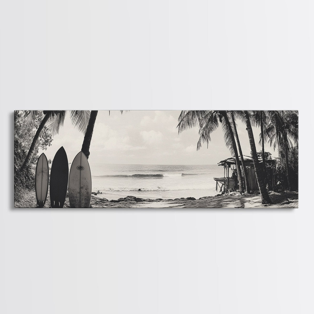 Surf Shack, Palm Trees, Tropical Boards, Canvas Print, retro beach wall art, coastal boho room decor, surfer cabin vibe, chill summer look