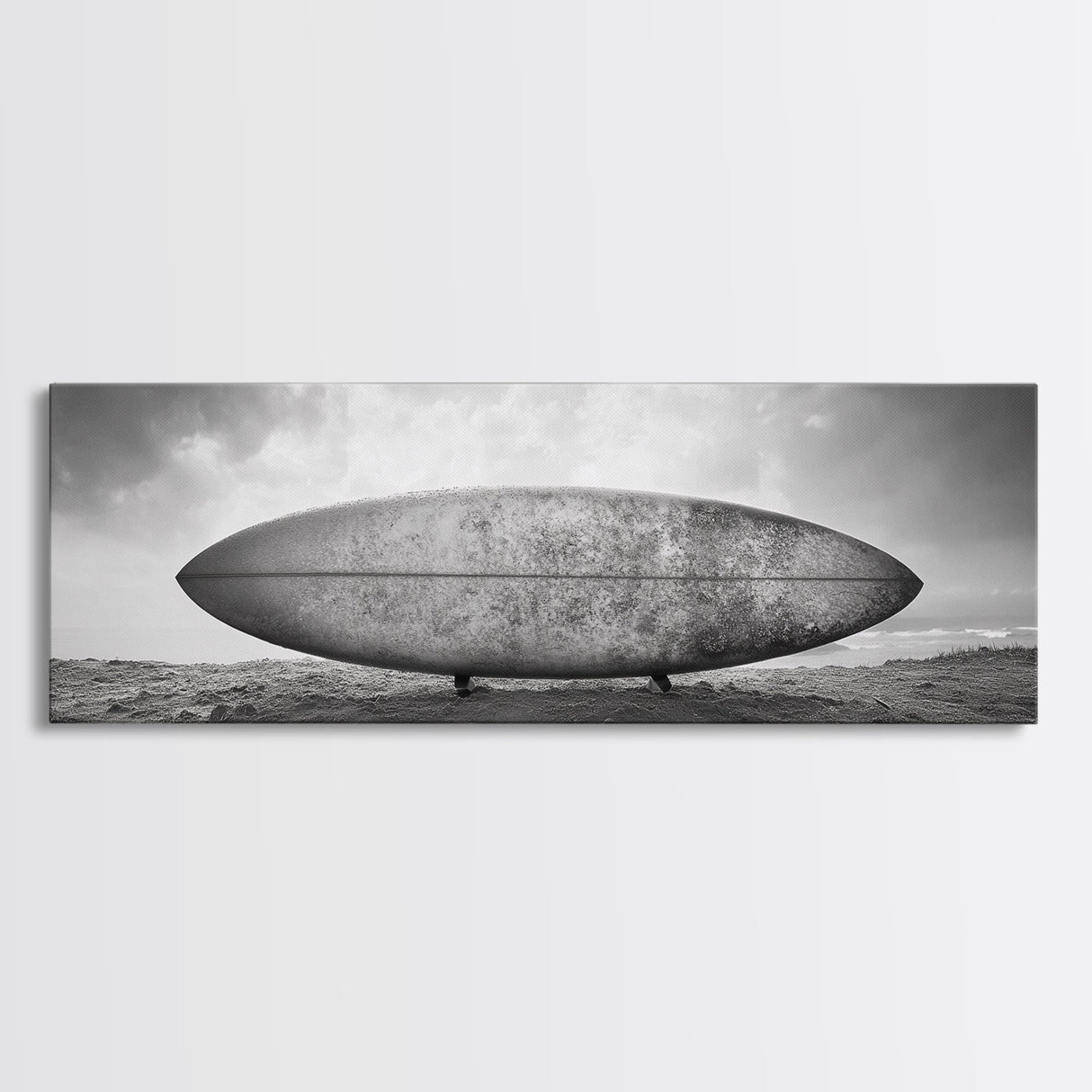 Surfboard Alone, Beach Sand, Cloudy Sky, Framed Canvas Print, minimalist surf art, coastal man cave decor, surf lover gift idea
