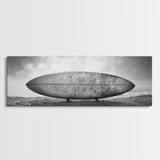Surfboard Alone, Beach Sand, Cloudy Sky, Framed Canvas Print, minimalist surf art, coastal man cave decor, surf lover gift idea